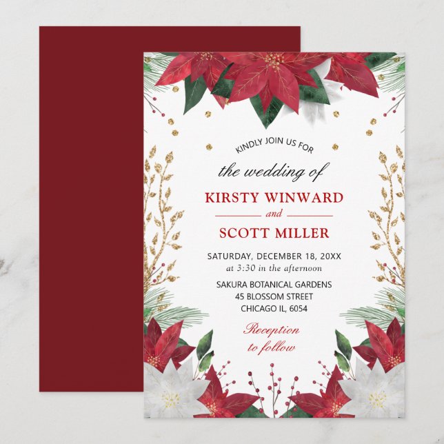 Invitation Elégante aquarelle hiver rouge Poinsettia Mariage (Devant / Derrière)