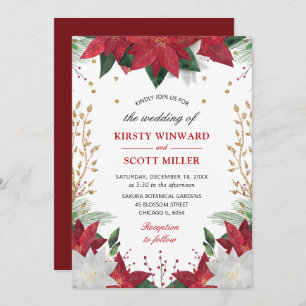 Invitation Elégante aquarelle hiver rouge Poinsettia Mariage