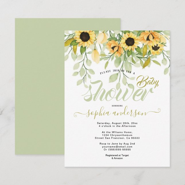 Invitation Elégante aquarelle jardin Baby shower de tournesol (Devant / Derrière)