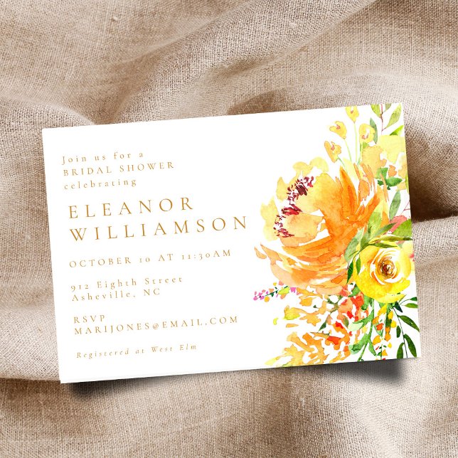 Invitation Elégante aquarelle jaune Fête des mariées florale (Créateur téléchargé)