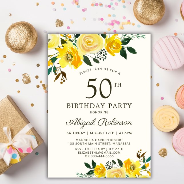Invitation Elégante aquarelle jaune florale 50e anniversaire (Créateur téléchargé)