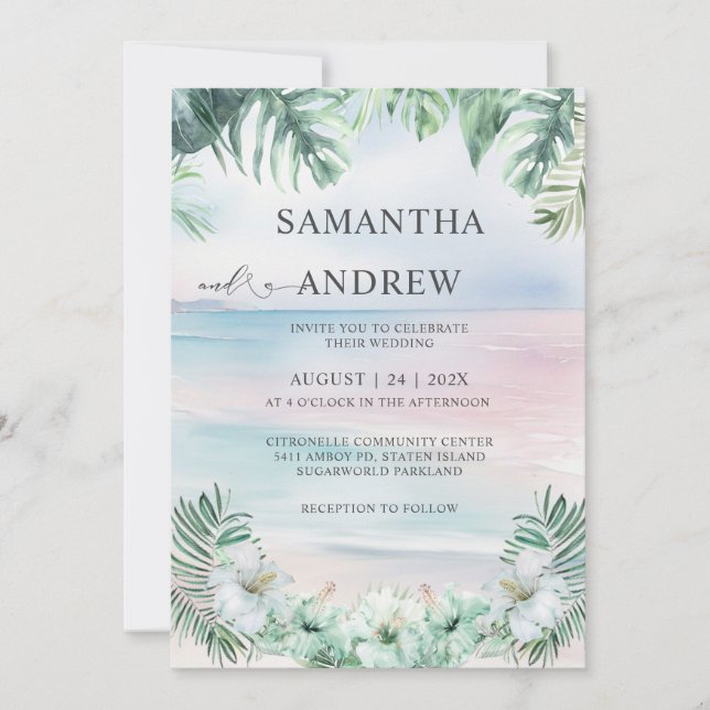 Invitation Elégante aquarelle Mariage Tropical (Devant)