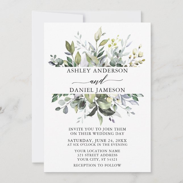 Invitation Elégante aquarelle mariage Verdure botanique (Devant)
