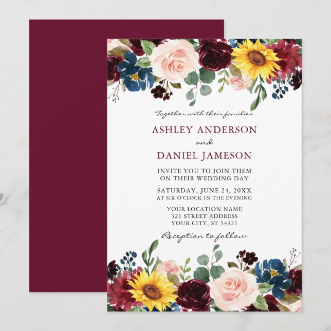 Invitation Elégante aquarelle Mixte Floral Mariage Bourgogne (Devant / Derrière)