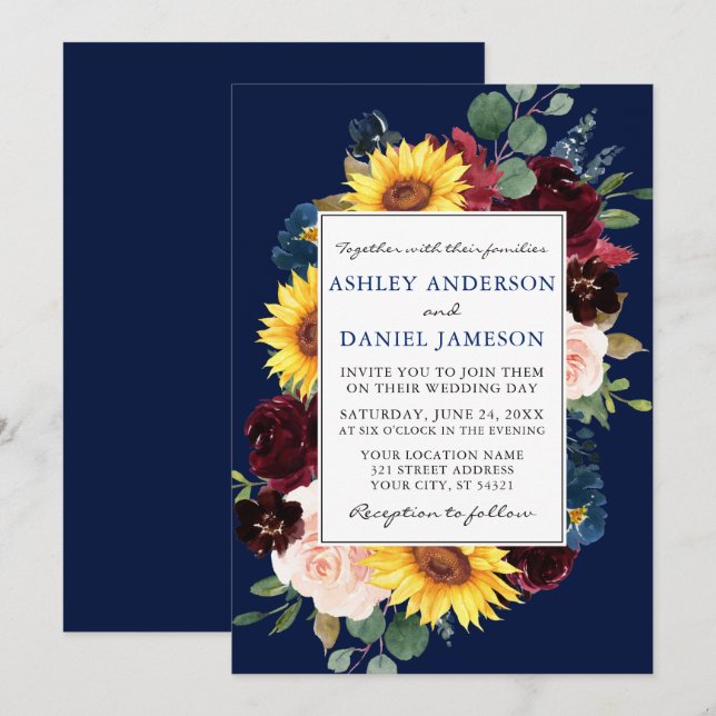 Invitation Elégante aquarelle Mixte Mariage bleu à cadre flor (Devant / Derrière)