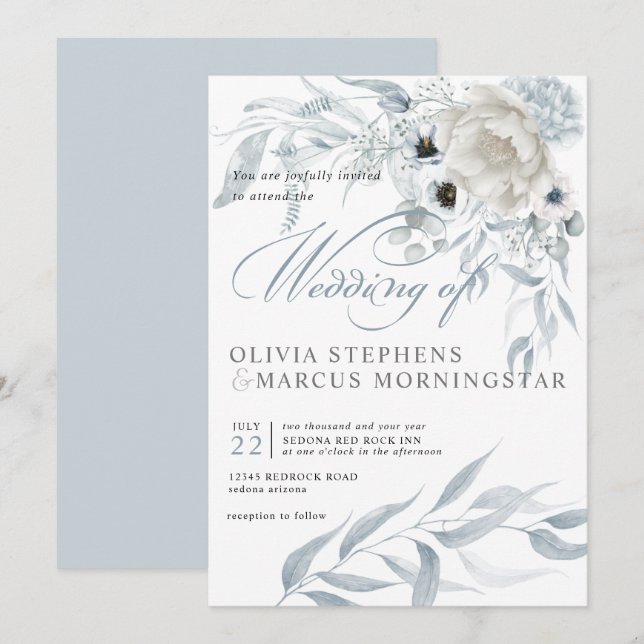 Invitation Elégante aquarelle moderne bleu foncé Floral (Devant / Derrière)