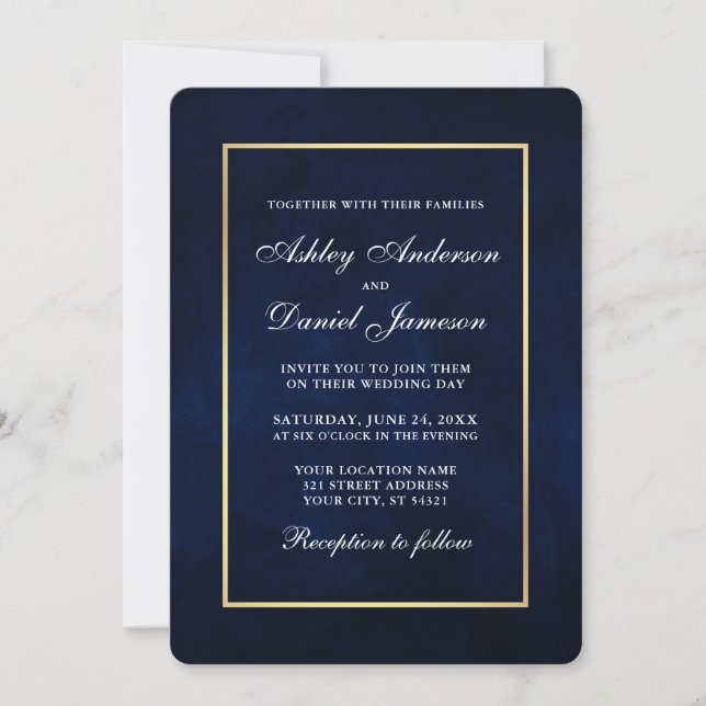 Invitation Elégante aquarelle moderne bleu or Mariage Rd (Devant)