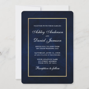 Invitation Elégante aquarelle moderne bleu or Mariage Rd