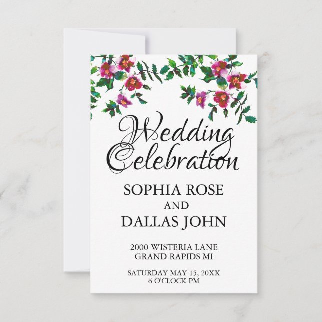 Invitation Elégante aquarelle moderne fleur sauvage rose fonc (Devant)