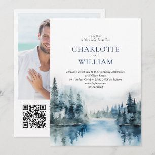 Invitation Elégante aquarelle Montagnes Forêt Mariage Photo
