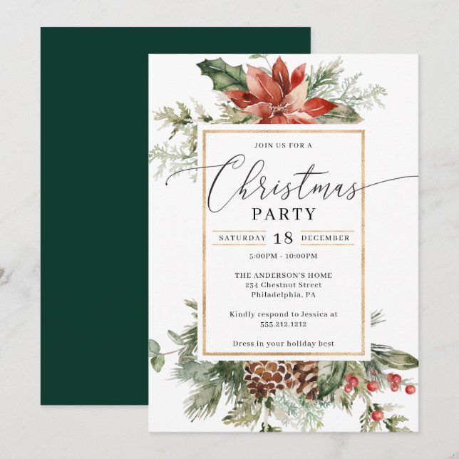 Invitation Elégante aquarelle Noël fête (Devant / Derrière)