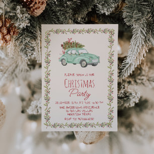 Invitation Elégante aquarelle Noël Green Voiture Tree cParty