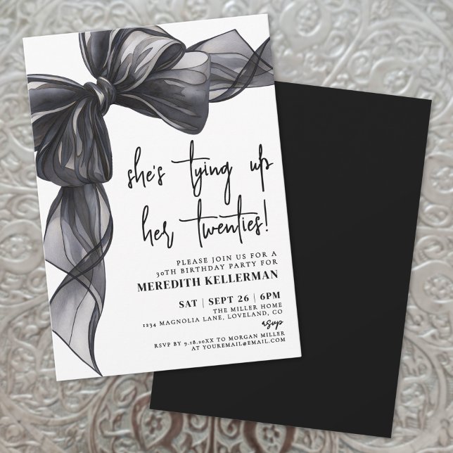 Invitation Elégante aquarelle Noir Blanc Bow fête d'anniversa (Elegant Watercolor Black White Bow Birthday Party Invitation)