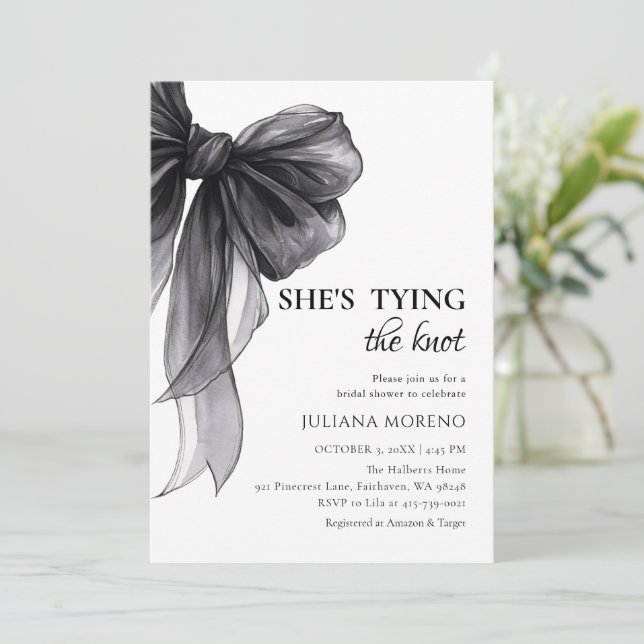 Invitation Elégante aquarelle noir Fête des mariées Bow (Debout devant)