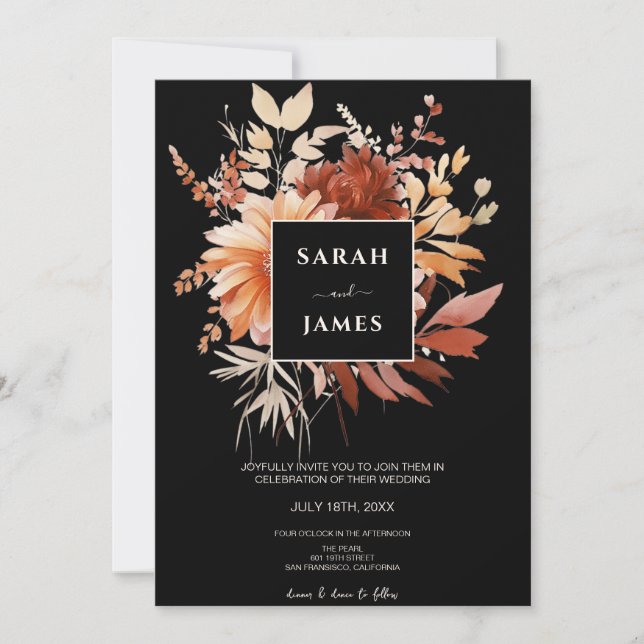 Invitation Elégante aquarelle noir Mariage de automne floral (Devant)