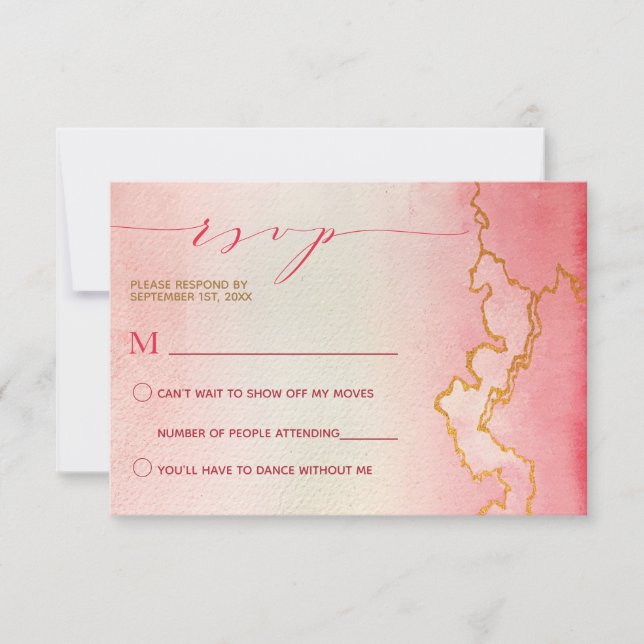 Invitation Elégante Aquarelle Ombre rose rouge or marbre RSVP (Devant)