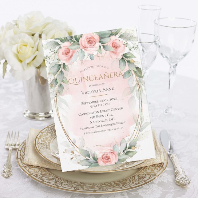 Invitation Elégante Aquarelle Or Rose Quinceañera (Créateur téléchargé)