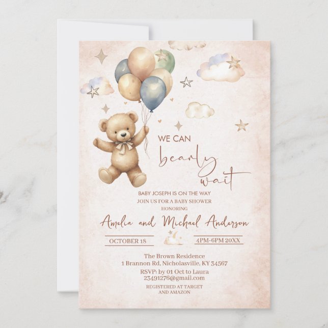 Invitation Elégante aquarelle Ours baby shower en peluche (Devant)