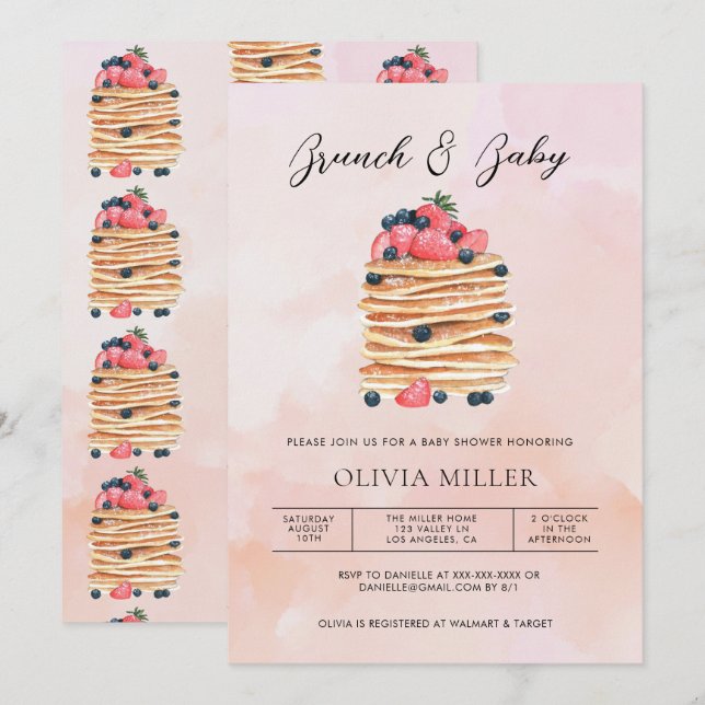 Invitation Elégante aquarelle Pancakes Brunch & Baby shower (Devant / Derrière)