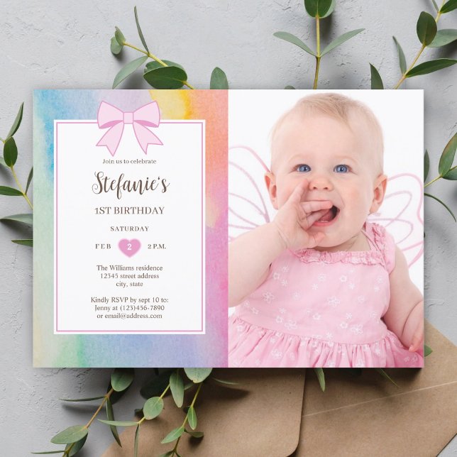 Invitation Elégante Aquarelle Pastel Soft 1er Anniversaire Ph (Créateur téléchargé)
