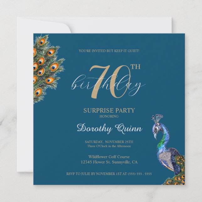Invitation Elégante aquarelle Peacock Surprise fête d'anniver (Devant)