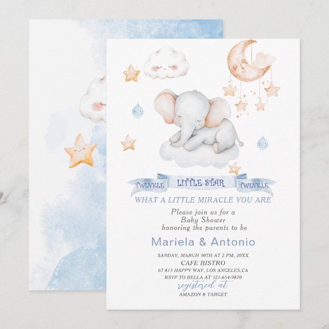 Invitation Elégante aquarelle Petit éléphant étoile Baby Show (Devant / Derrière)