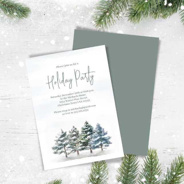 Invitation Elégante Aquarelle Pine Tree Fête de vacances (Holiday party invitation with watercolor winter pine trees)