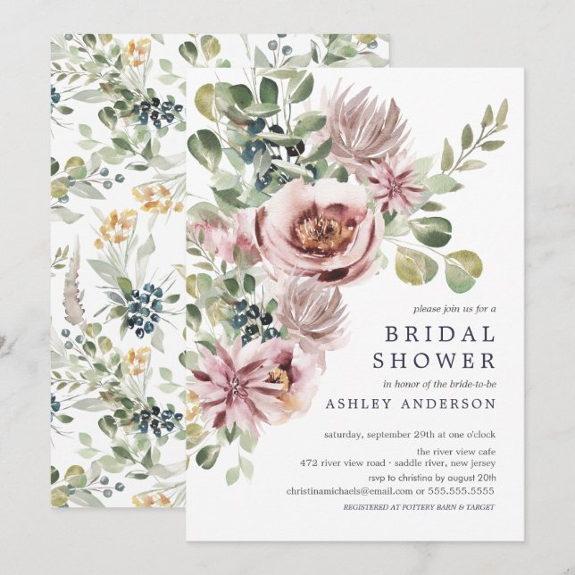 Invitation Elégante Aquarelle pivoines Fête des mariées flora (Devant / Derrière)