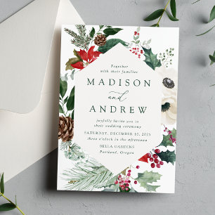 Invitation Elégante aquarelle Poinsettias Mariage d'hiver