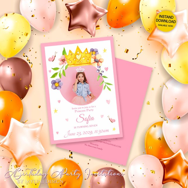 Invitation Elégante aquarelle princesse photo fête d'annivers (Créateur téléchargé)