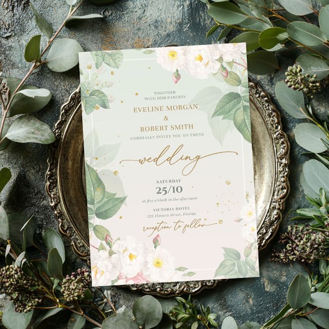Invitation Elégante aquarelle ressort blanc rose sauvage saug (Elegant watercolor spring white wild roses sage invitation)