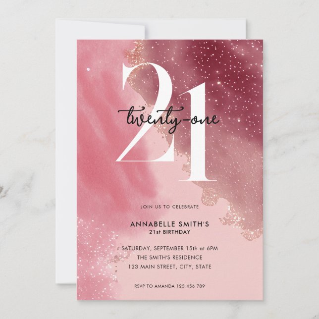 Invitation Elégante aquarelle rose 21e anniversaire (Devant)