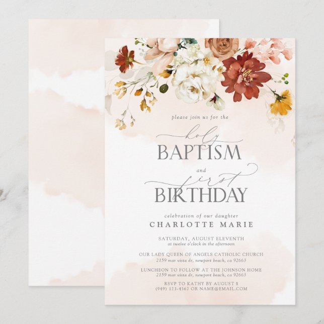 Invitation Elégante Aquarelle rose Baptême 1er Anniversaire (Devant / Derrière)