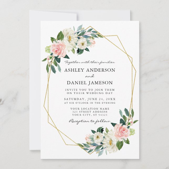 Invitation Elégante aquarelle rose Blush cadre or floral (Devant)
