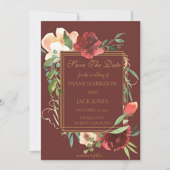 Invitation Elégante aquarelle Rose Bouquet Gold Frame (Devant)