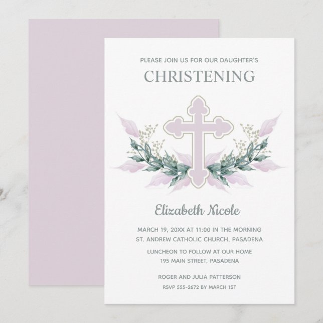 Invitation Elégante aquarelle rose Christening (Devant / Derrière)