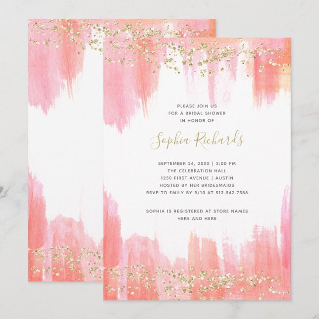 Invitation Elégante Aquarelle rose et or | Fête des mariées (Devant / Derrière)