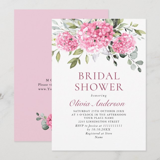 Invitation Elégante aquarelle rose FÊTE DES MARIÉES Hydrangea (Devant / Derrière)