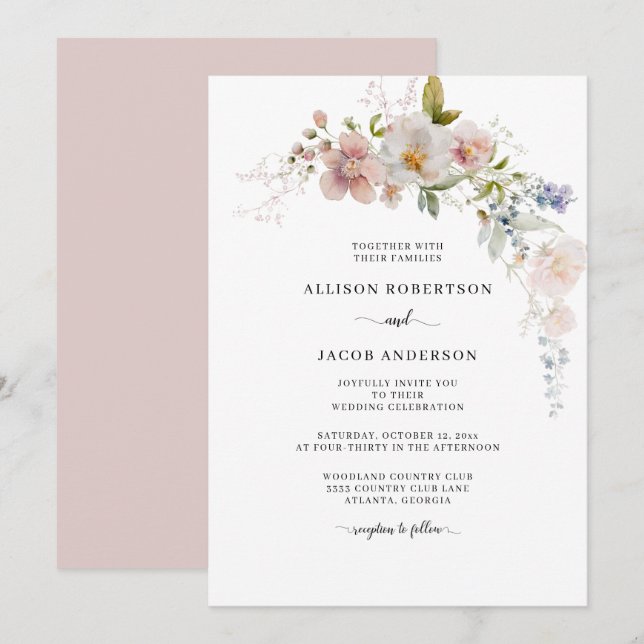 Invitation Elégante aquarelle rose Fleur sauvage Mariage flor (Devant / Derrière)