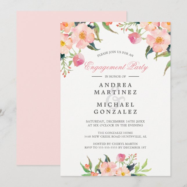 Invitation Elégante Aquarelle rose Floral (Devant / Derrière)