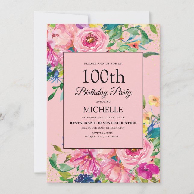 Invitation Elégante aquarelle rose Floral Anniversaire (Devant)