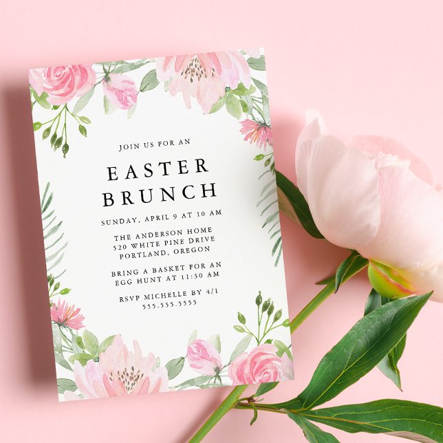 Invitation Elégante aquarelle rose Floral Brunch de Pâques (Créateur téléchargé)