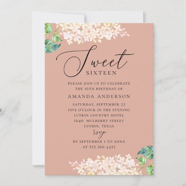Invitation Elégante aquarelle rose floral doux 16 anniversair (Devant)