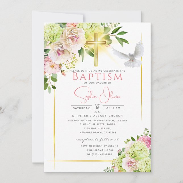 Invitation Elégante Aquarelle rose Floral Girl Baptism Invita (Devant)