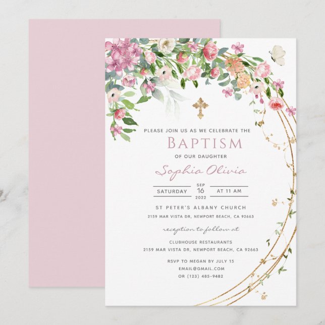 Invitation Elégante Aquarelle rose Floral Girl Baptism Invita (Devant / Derrière)