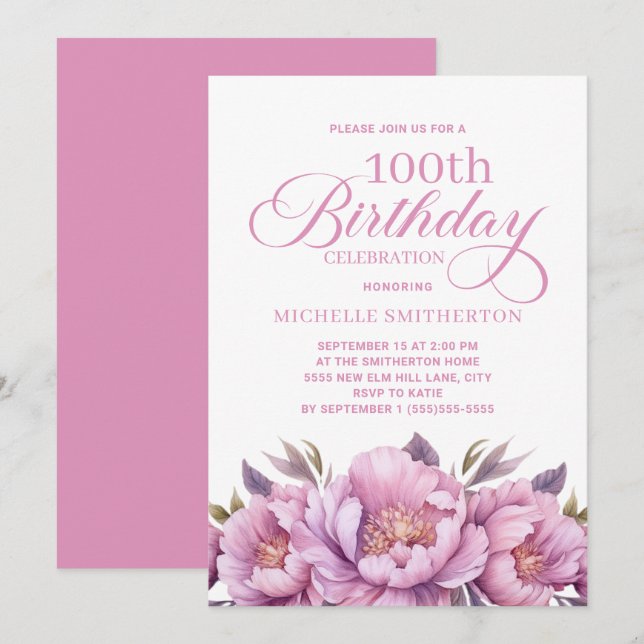 Invitation Elégante aquarelle rose florale 100e anniversaire (Devant / Derrière)