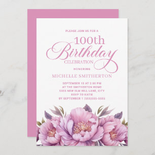 Invitation Elégante aquarelle rose florale 100e anniversaire