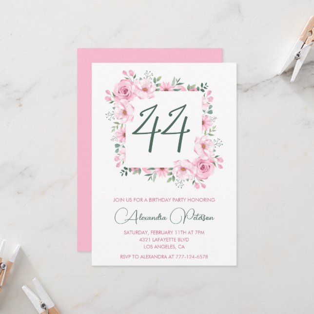 Invitation Elégante aquarelle rose florale 44e anniversaire (Devant/Arrière en situation)