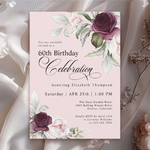 Invitation Elégante aquarelle rose florale 60e anniversaire