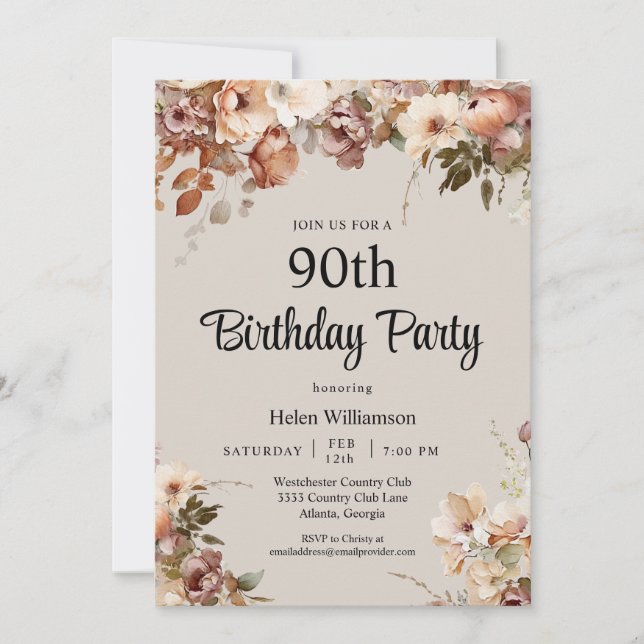 Invitation Elégante aquarelle rose florale 90e anniversaire (Devant)